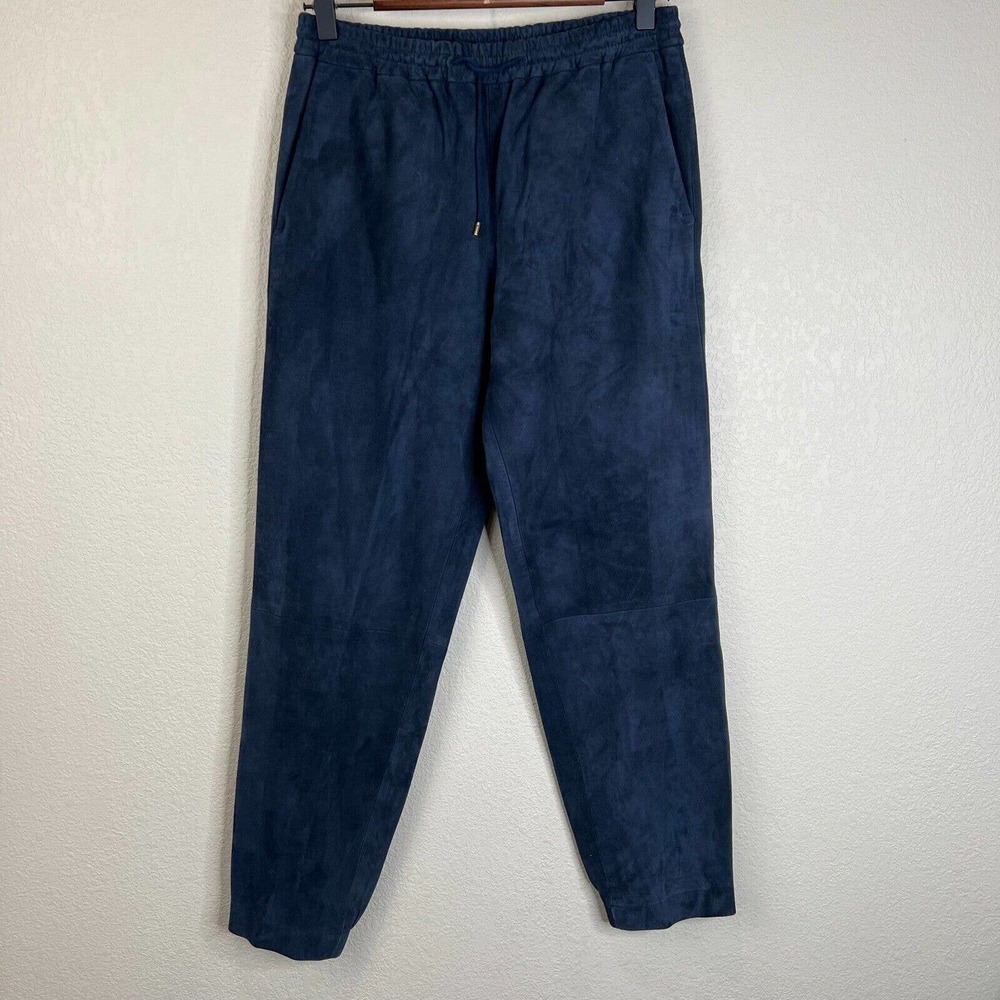 Max Mara Studio Women Pants 4 Straight Lamb Suede Jogger Navy Blue Drawstring